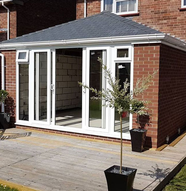 warm roof on conservatory with upvc sliding doors